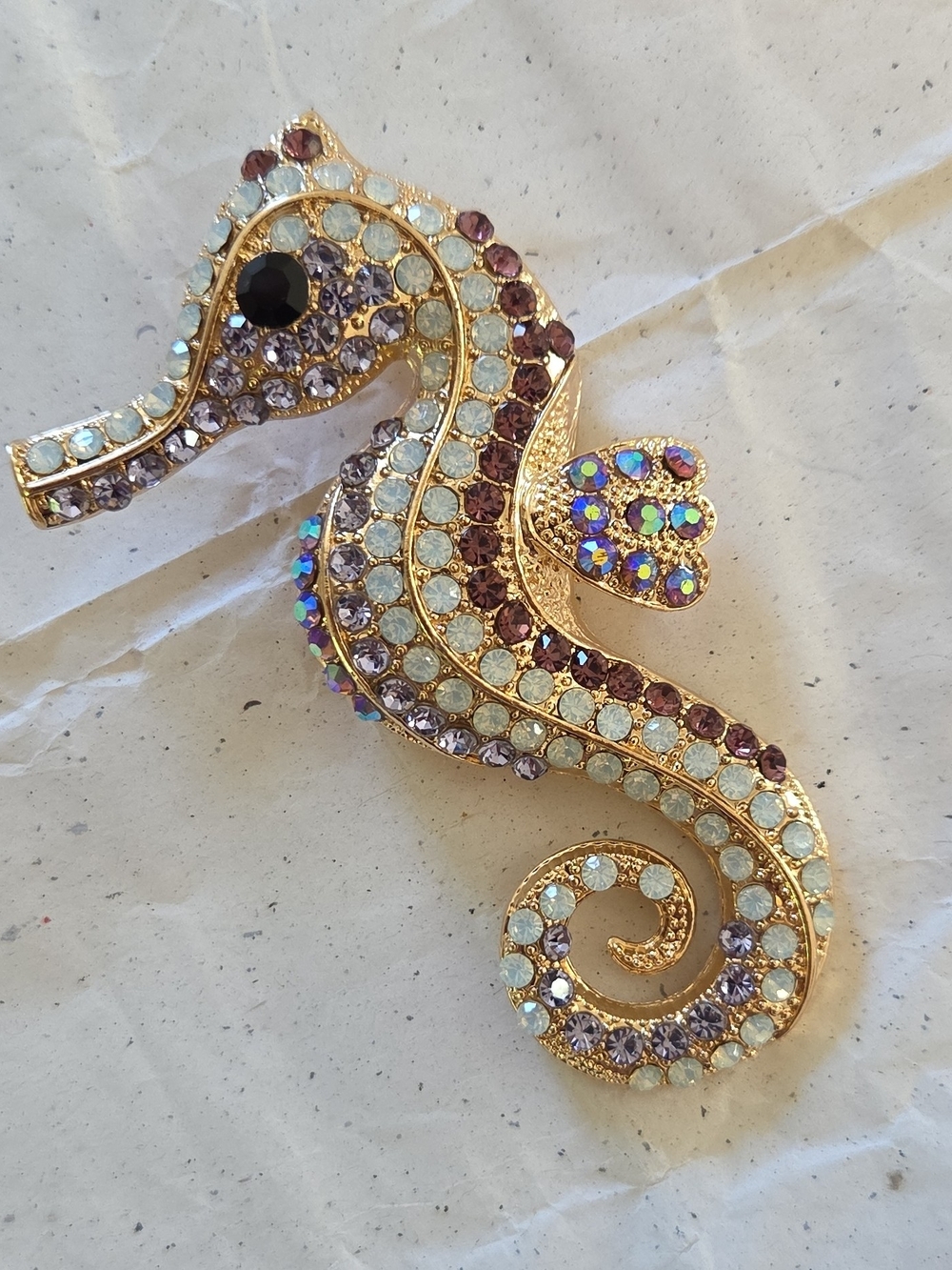 Gold Seahorse Crystal Brooch - Multicolor Rhinestone Accent